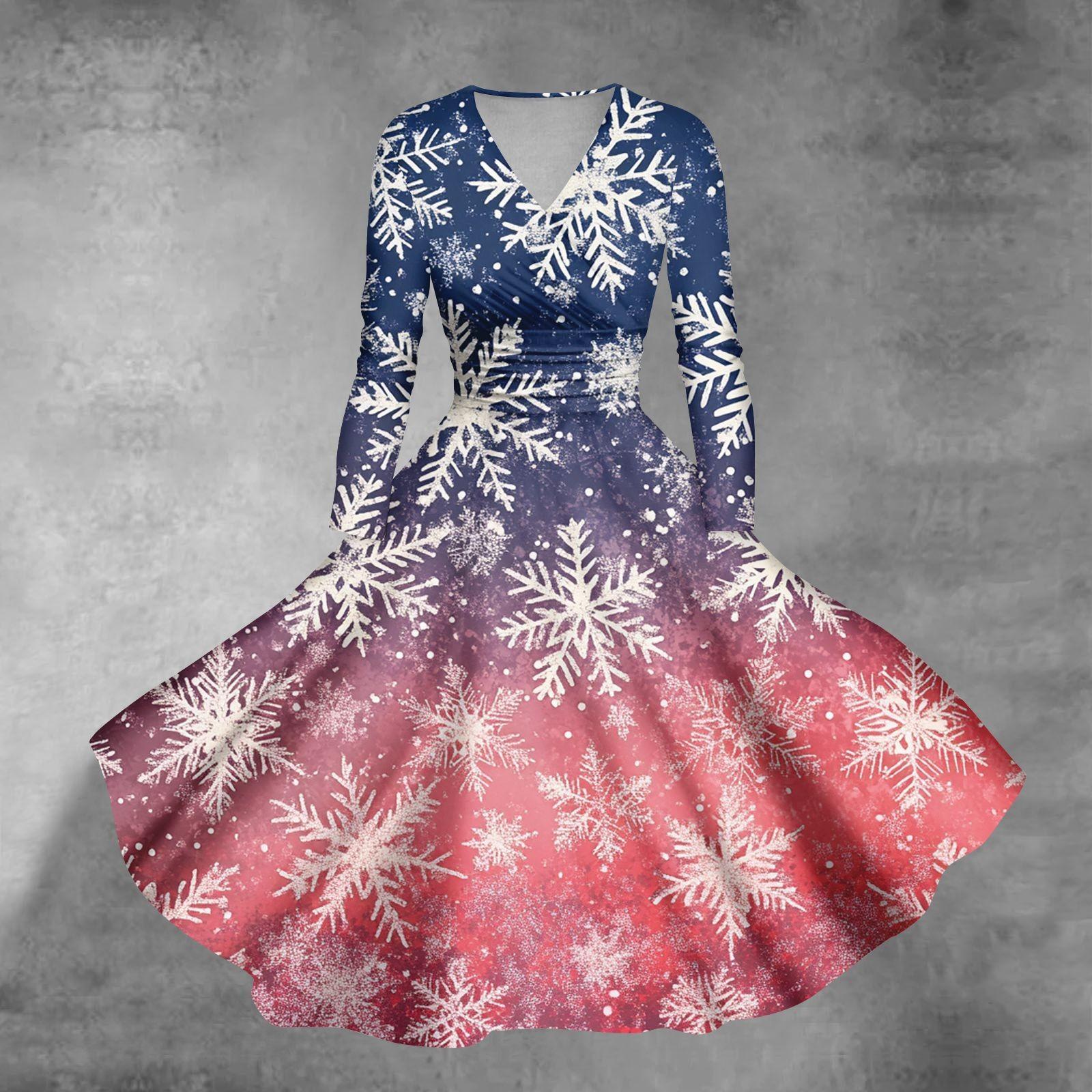 

Женские повседневные модные рождественские принты с длинным рукавом и V-образным вырезом, сексуальные платья с карманами XXXL розовый