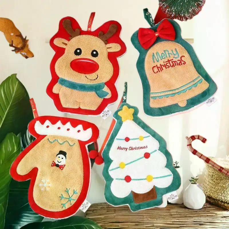 Cute Christmas Cleaning Towel Coral Velvet Hand Towel Snowman Bathroom Hanging Absorbent Dishcloth Soft Cleaning Cloth Rag