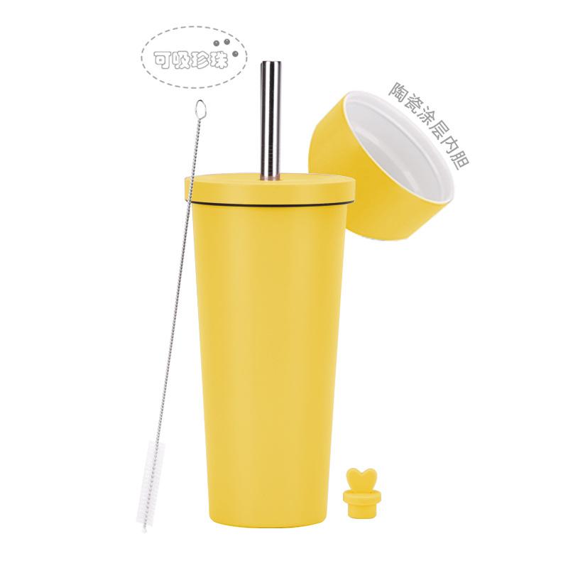 2025 Stainless Steel Straw Cup Ceramic Liner Bubble Tea Cup Vacuum Double-Layer Straw Thermos Cup