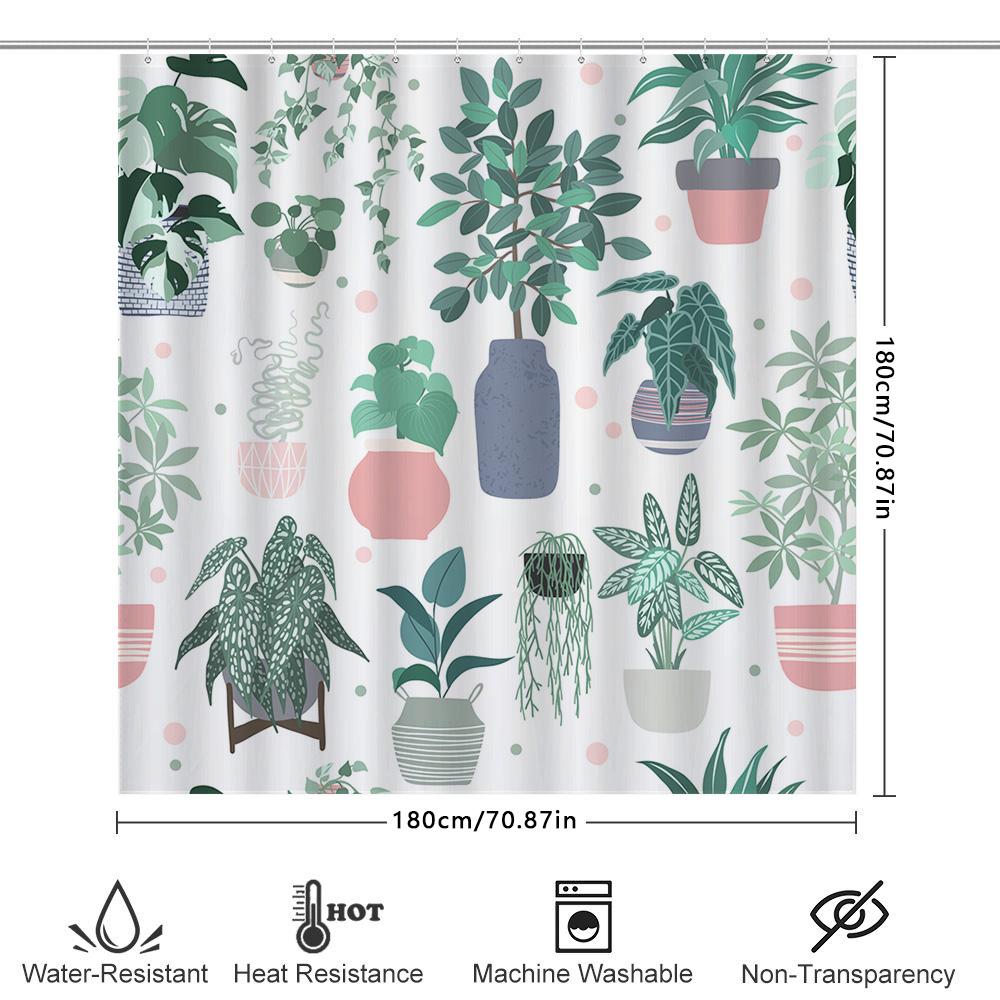 Modern Greenery Shower Curtain Potted Plant Decor For Bathroom Beautiful Flower Pot Print In Pink Blue Size: 72X84 (183Cm X 213C