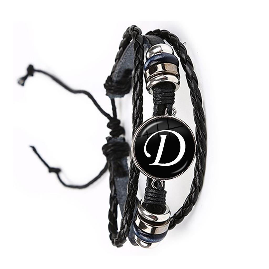 Fashion Simple Initial Alphabet Men's Braided Leather Bracelet Punk Rock 26 Letters A-Z Glass Bracelet Jewelry Gift for Men