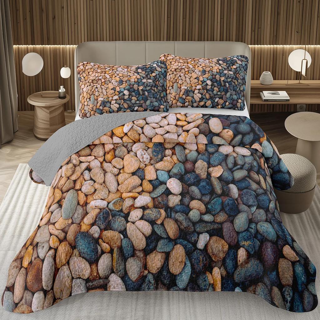 Pebble Quilt Set 3D Stone Gravel Queen Twin Bedspread Set - Garden Cobble Print Coverlet Sets Modern Artwork Quilted Bedding
