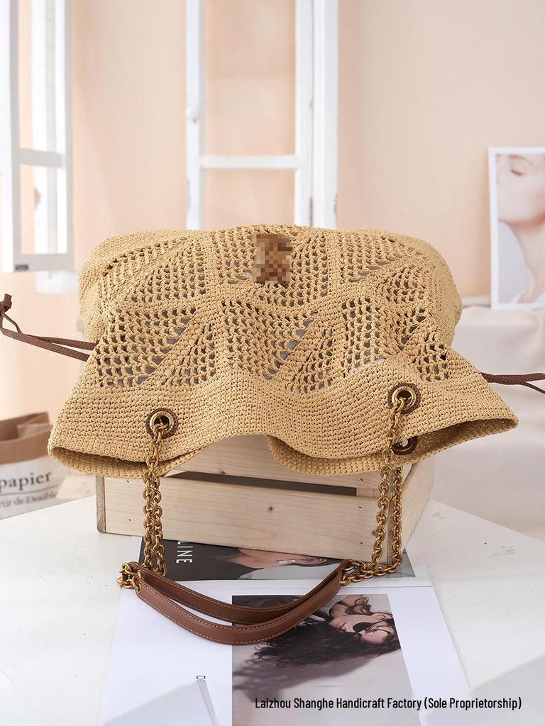 Borsa a Spalla in Paglia di PP Intrecciata a Mano di Grande Capacità - Alla Moda e Versatile per il Pendolarismo o le Vacanze