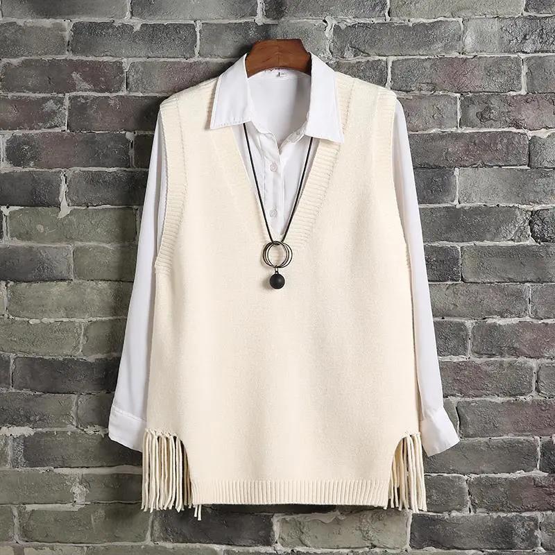 Spring and Autumn Korean Version of The V-neck Solid Color Knit Sweater Vest Women Loose Pullover Hem Fringed Waistcoat