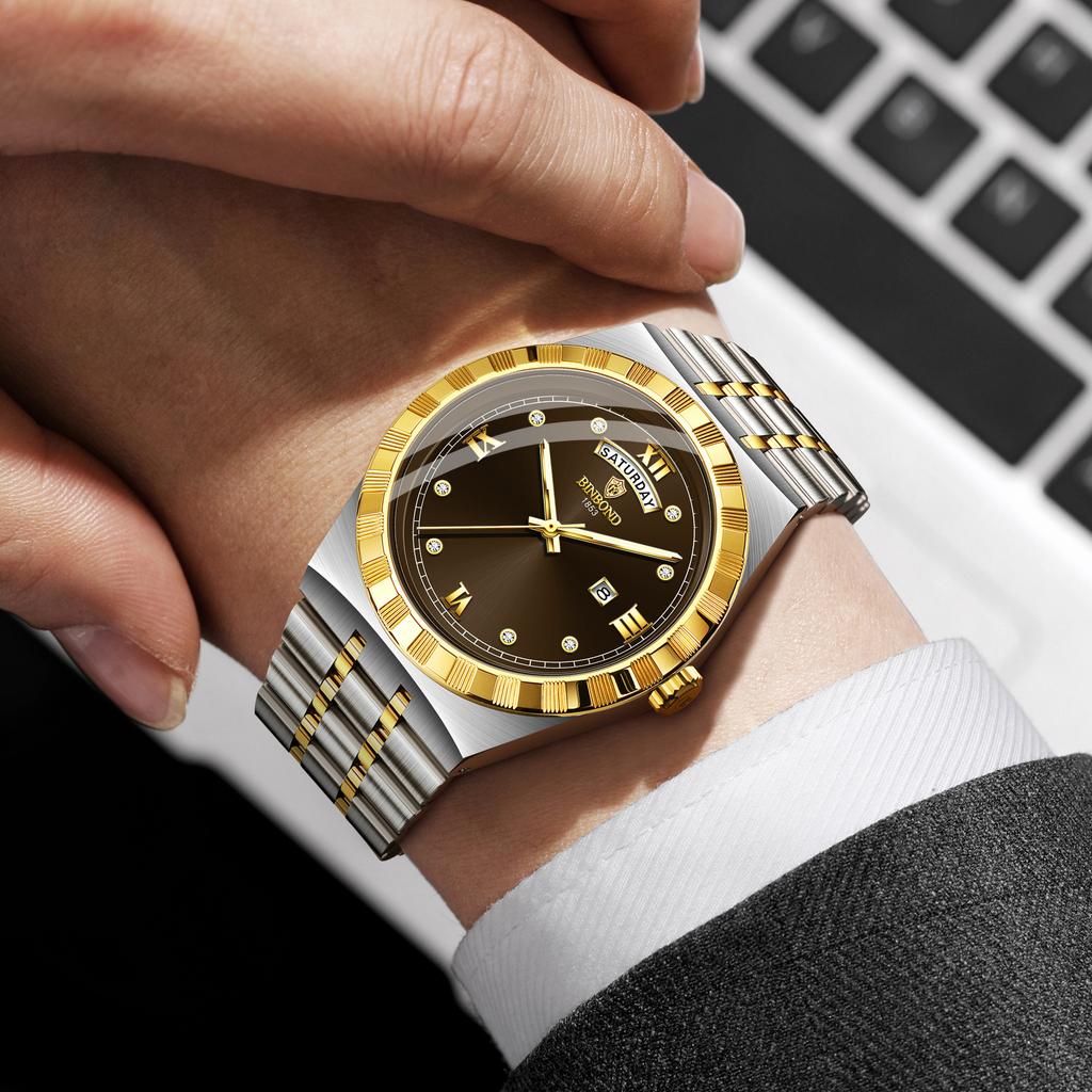 BINBOND Men's Watches Simple Fashion Original Quartz Watch for Man Texture Dial Stainless Steel Date Week Trend Dress Wristwatch