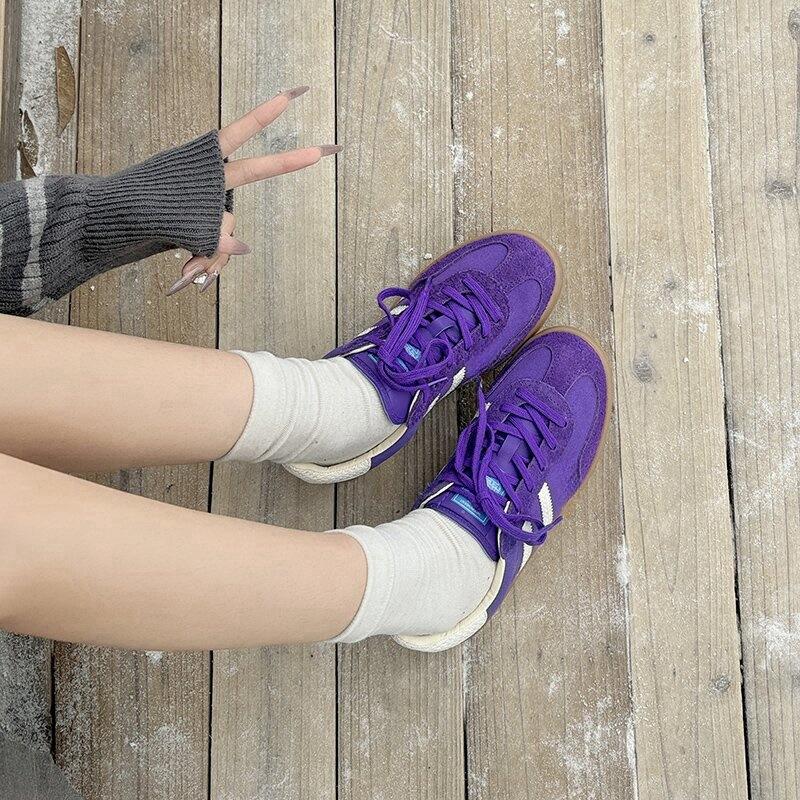 Leather platform purple German training shoes women's 2025 new versatile lace-up casual sports board shoes splicing Forrest Gump shoes women