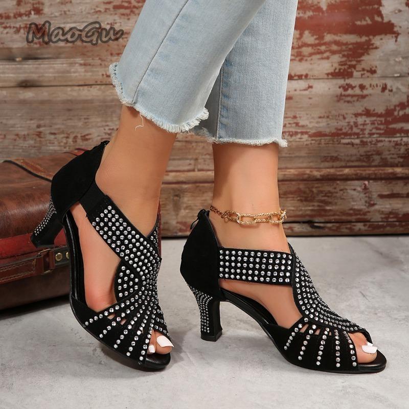 Rhinestone Women High Heel Sandals Peep Toe Back Zip Women's Party Dance Shoes Black Summer Outwear Sandalias De Mujer Size36 43
