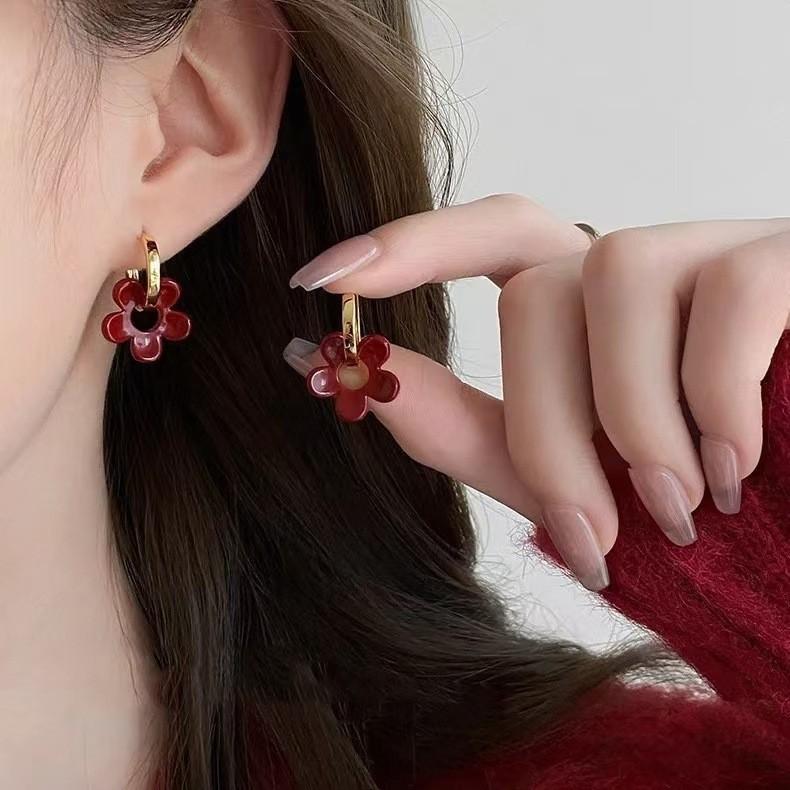 Temperament Ankola Red Drop Glaze Flower Stud Earrings Light Luxury Design