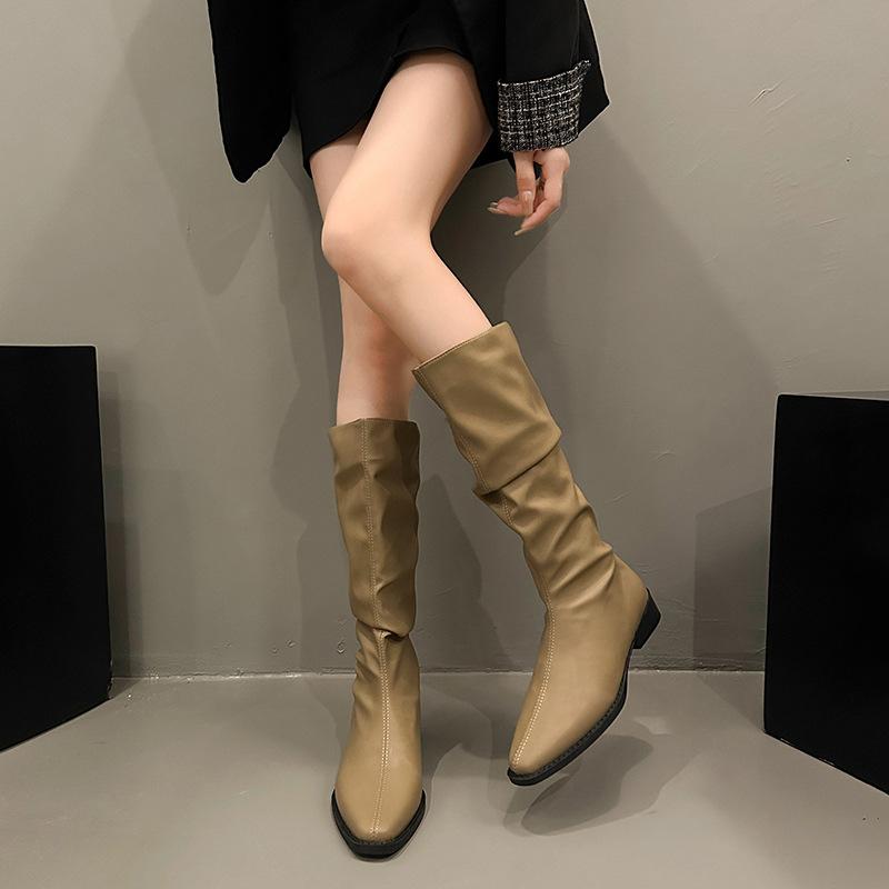 

Ботильоны на толстом каблуке с плиссированным голенищем до колена, женская обувь 2025, новые весенне-осенние западные, но облегающие ботинки 39