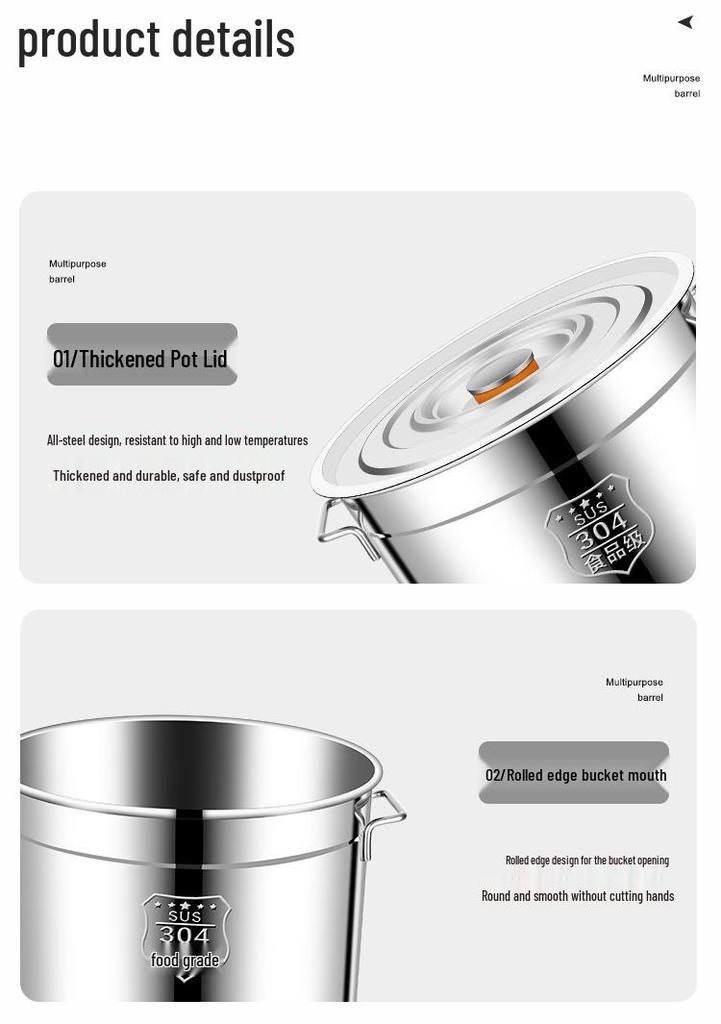 Extra Thick 304 Food Grade Stainless Steel Multi-Use Barrel with Lid for Soup, Braising, Oil, and Water.