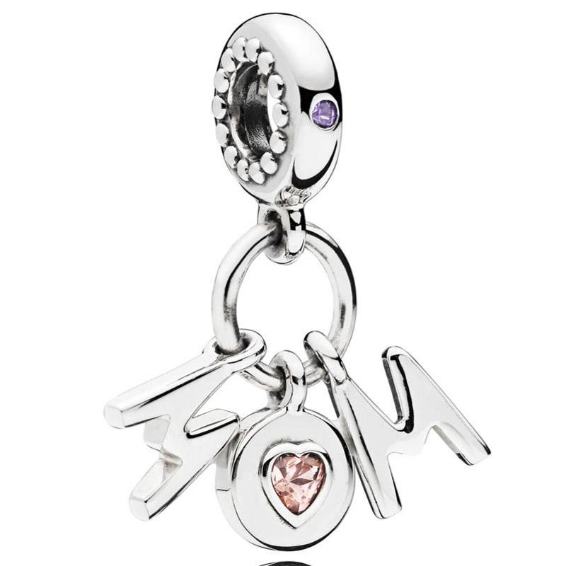 Plata de Ley S925 Original Cuentas Charms Corazón Amoroso Mamá Te Quiero Letras Felices Colgante Apto para Pulsera de Moda Joyería DIY