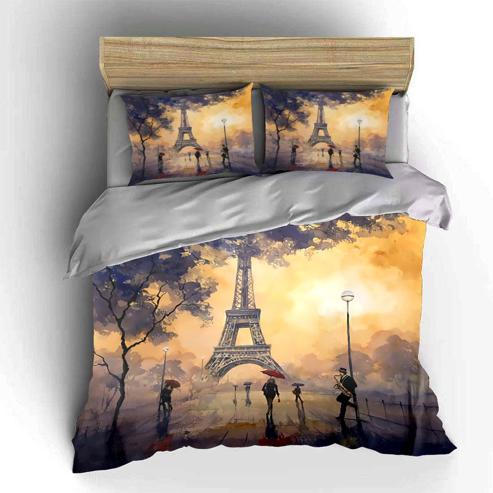 Eiffel Tower Sunset Scene Bedding Duvet Cover Set Duvet Cover Pillowcases (1*Duvet Cover 2*Pillowcases, Without Duvet Insert)
