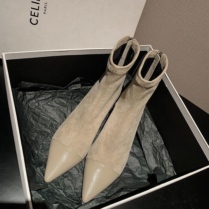 

Xiaoxiangfeng каблук-рюмочка сращивание эластичные тонкие ботильоны темпераментный острый носок средний каблук универсальные французские маленькие короткие ботинки женские весна и осень петь 42