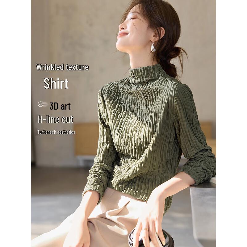 Mohan Yimei Pleated Textured High-Neck Long-Sleeve T-Shirt