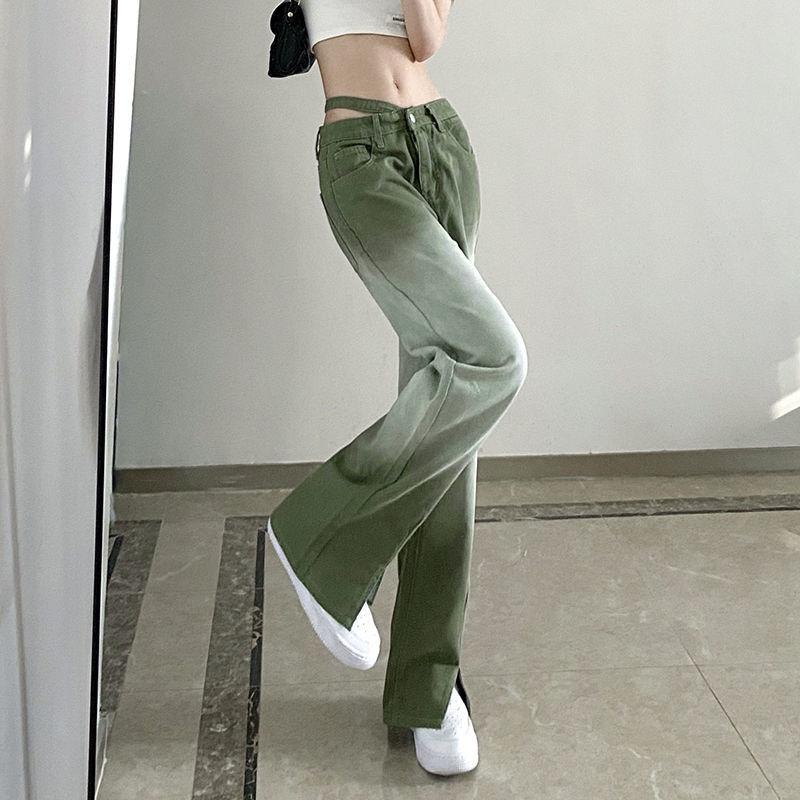 2022 frauen mode hohe taille split up grün frauen Breite bein jeans baggy frau denim capris Hosen jean mom jeans hosen