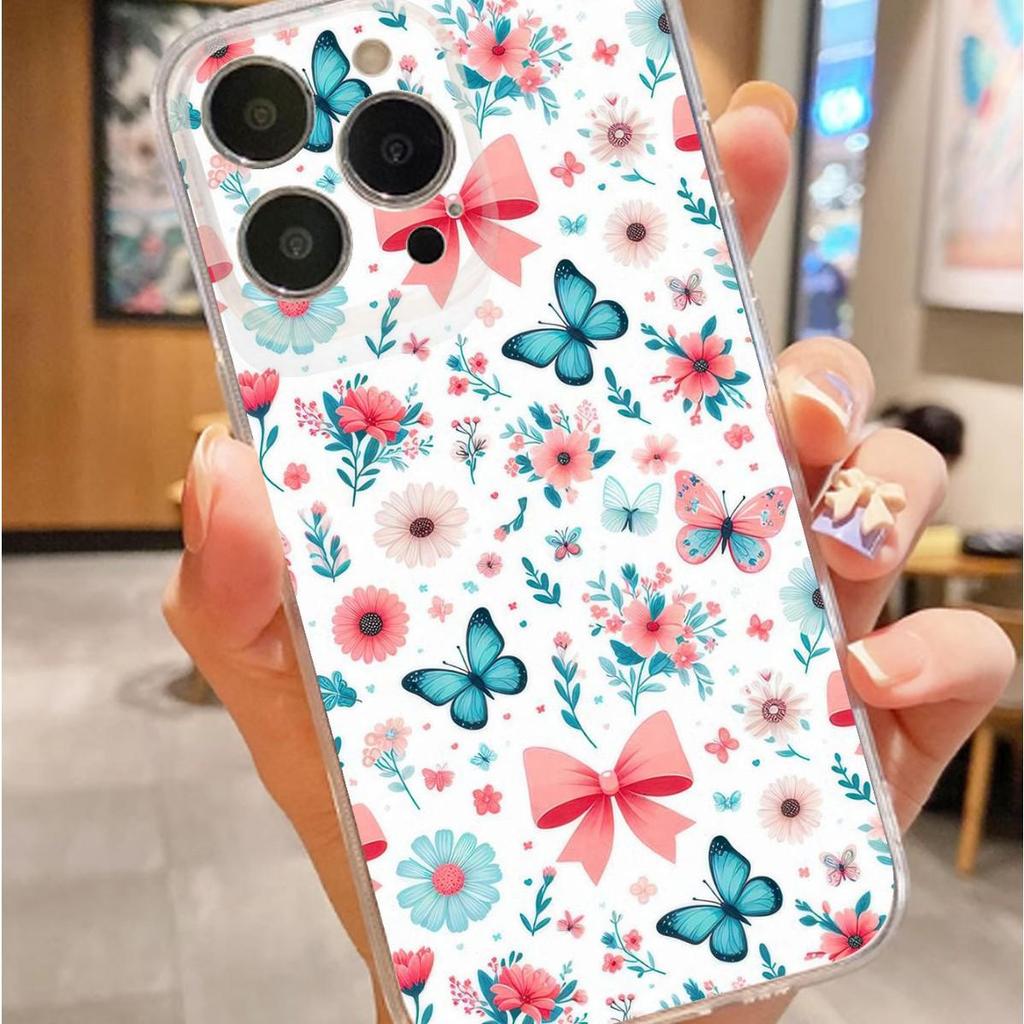 Blue Butterfly Flower Cluster Anti-Fall Transparent Case for iPhone 14/15/16/17 Pro Max Series