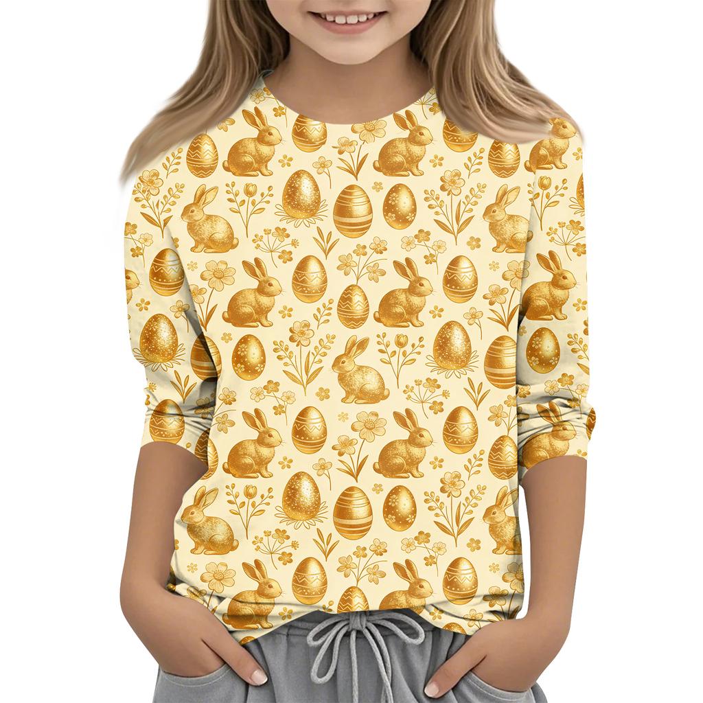 Haut décontracté pour enfants à manches sept-quarts, imprimé Pâques, col rond, imprimé