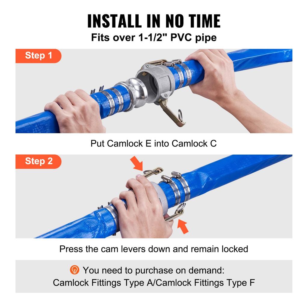 VEVOR Backwash Hose, 51 Mm X 15,24 M, Heavy-Duty PVC Flat Pool Discharge Hose with Aluminum Camlock C & E Fittings, Clamps, Compatible with Pumps
