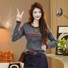 Fashion Double-striped Contrasting Thin Knitted Top Women's Autumn Versatile Bottoming Crew Neck Sweater