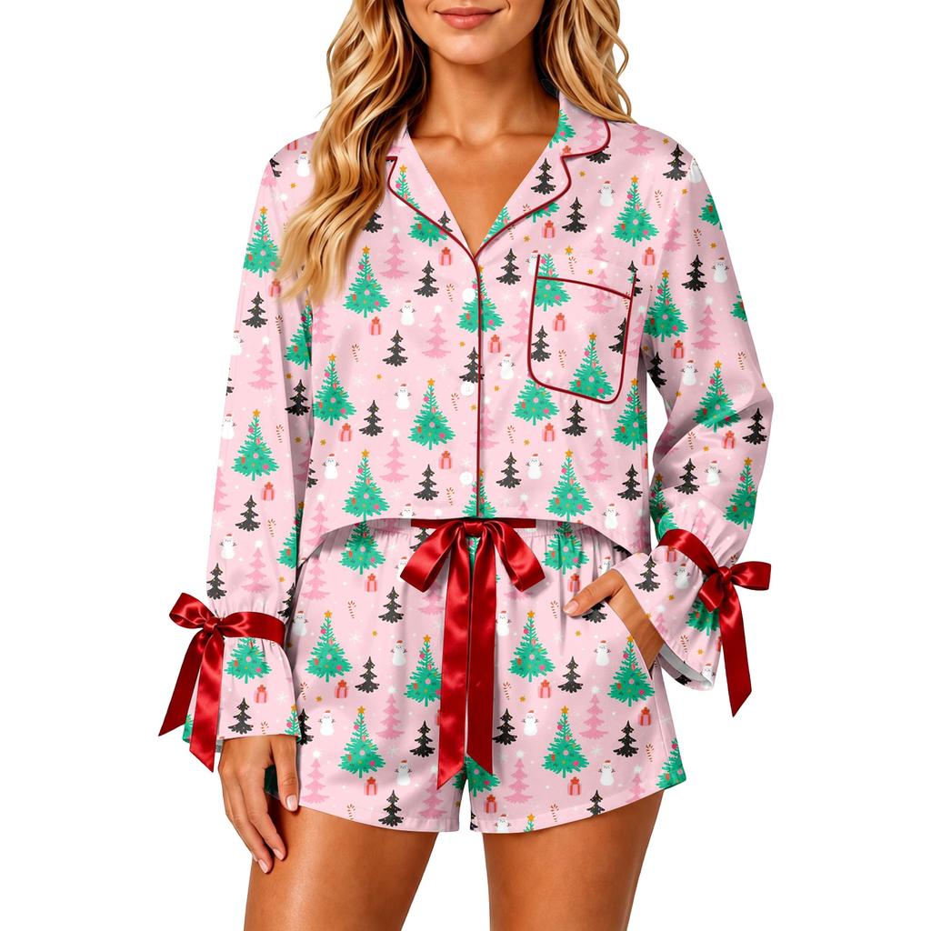 Women's Christmas Two Piece Pajama Set with Button Down Shirt and Shorts Sleepwear