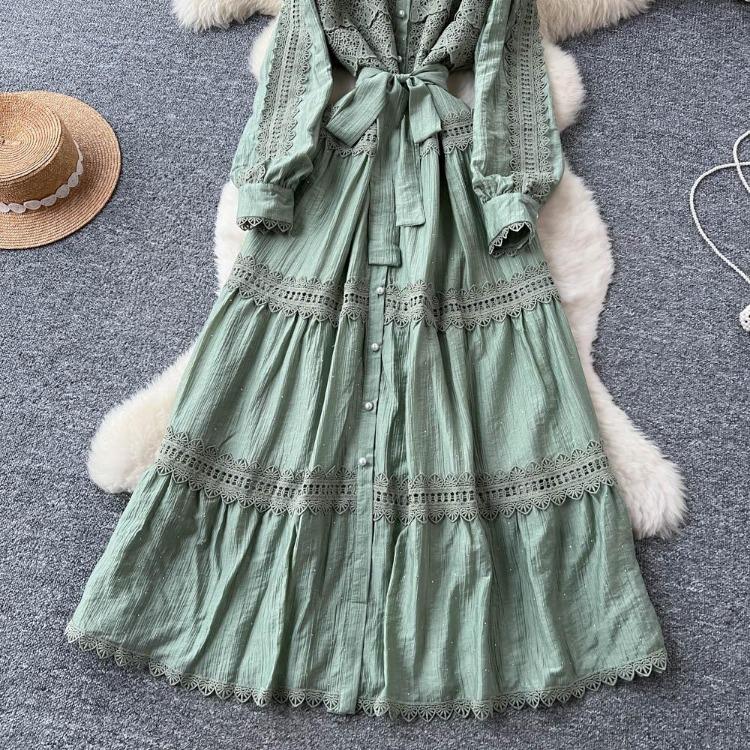 Sexy Vintage Lace Lace Up Glitter A Line Long Sleeve Beach Dress Chic Summer Vacation Vestidos for Women
