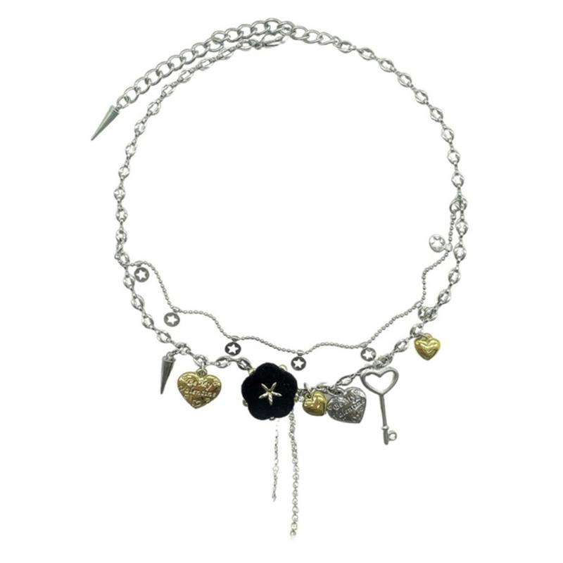 Chinese Punk Alloy Tassels Necklace with Heart Flower Button Pendant Collarbone Chain Elegant for Women Gift 1