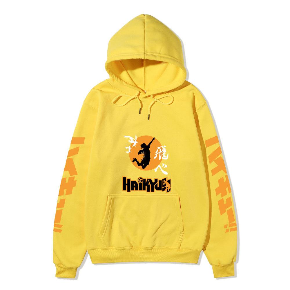 Haikyuu Fly High Jump Silhouette Unisex Fleece Hoodie Japanese Kanji Orange Vertical Sleeve Volleyball Anime Pullover Sweatshirt