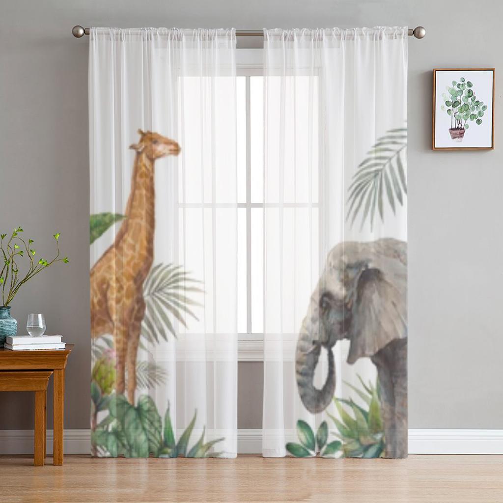 Tropical Safari Animal Elephant Sheer Window Curtains For Living Room Bedroom Voile Tulle Curtains Fabric Drapes For Kitchen