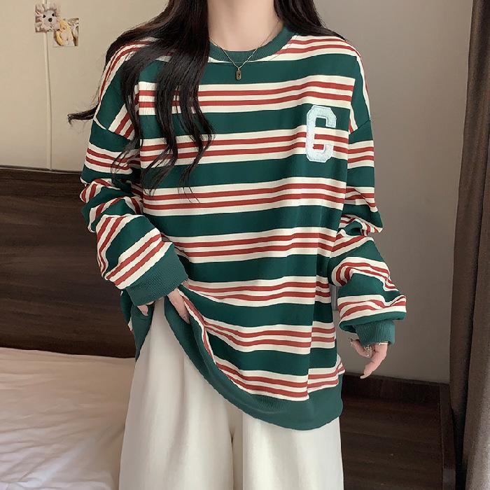 Women's Fleece Lined Color-Block Striped Sweatshirt, Korean Style, Autumn/Winter 2023, Loose Fit, Round Neck with Letter Towel Embroidery