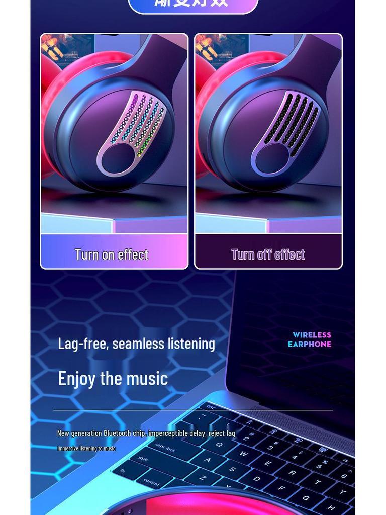 KE-12 Bluetooth Headband Headphones with LED Lighting, HIFI Super Bass, and Long Battery Life