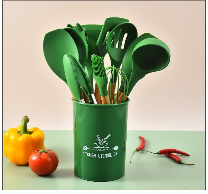 Gugrida 12-Piece Easy Food-Grade Silicone and Beechwood Cookware Set with 10 Stainless Steel Hooks (Dark Green)
