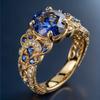 New Gold-plated Women’s Ring Featuring Blue Cubic Zirconia and Intricate, Openwork Designs for a Luxurious Look