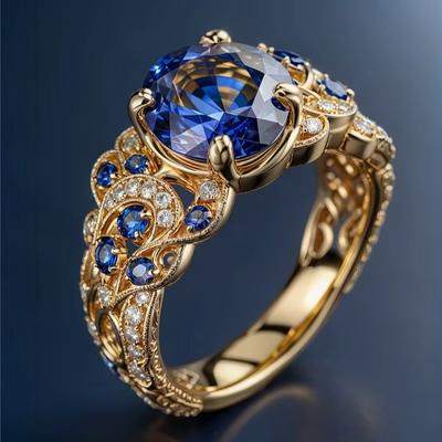 New Gold-plated Women’s Ring Featuring Blue Cubic Zirconia and Intricate, Openwork Designs for a Luxurious Look