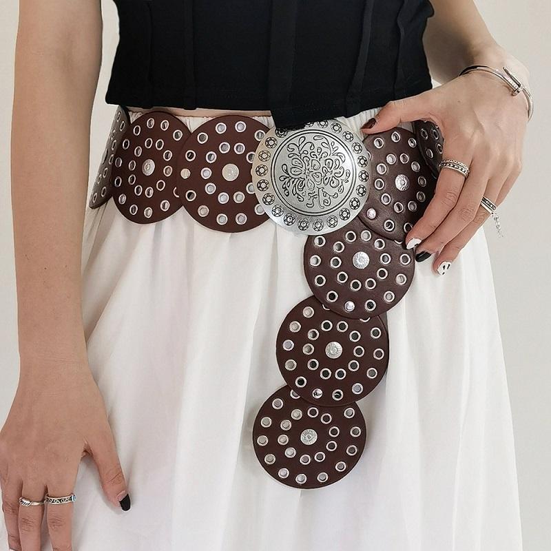 Women's Western Denim Belt High Quality Metal Hollow Ladies Trend Wide Waistband Vintage Personalized Round Belts EMA
