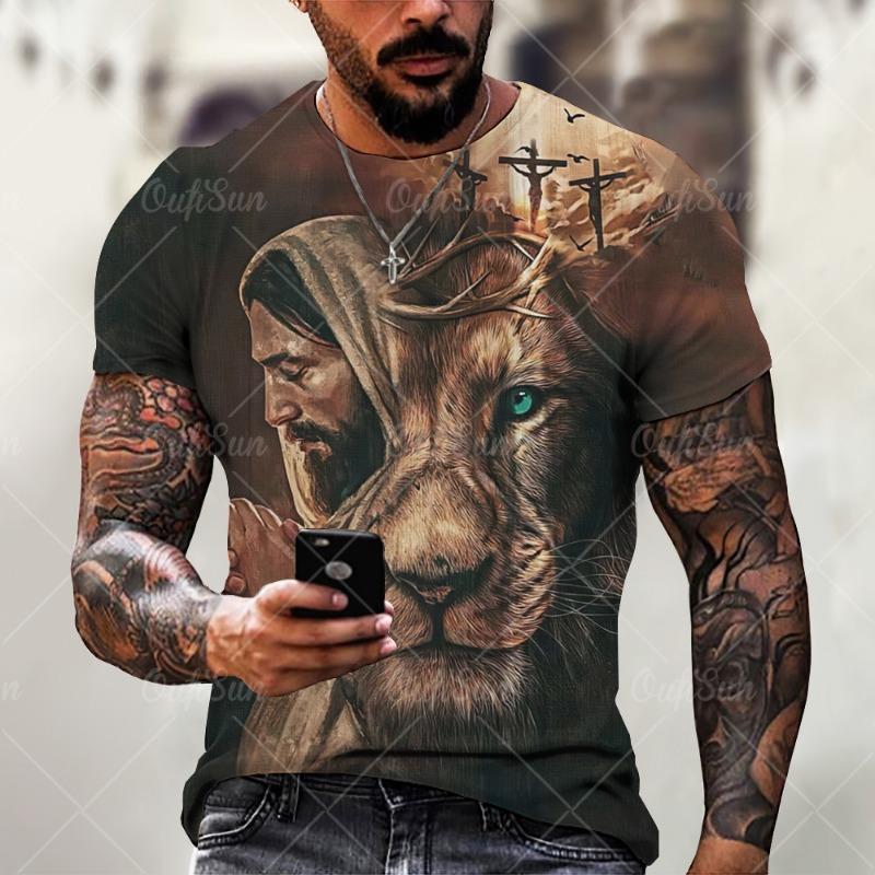 Christ Jesus T-Shirts for Men 3D Lion Printed T-Shirt Summer Clothes Short Sleeve Streetwear Vintage