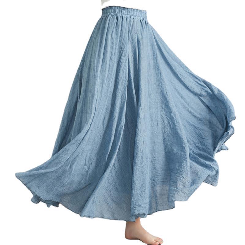 Women's Plus Size Cotton Linen Midi A-Line Skirt with Elastic Waist In 20 Colors