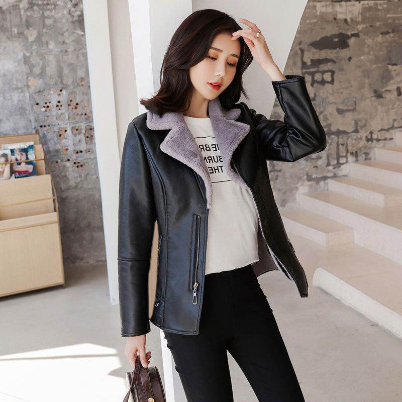 Women's Fall/Winter Fleece-Lined Thickened Warmness Slim-Fit PU Leather Jacket Solid Color Elegant Short Coat