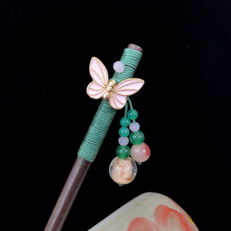 

Handmade retro natural agate Xiuyu walking hairpin female antique Hanfu fringed headdress hairpin disc hair wooden hairpin