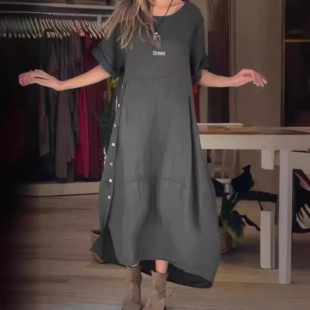 2025 Damen Sommer Locker Lässig Einfarbig Kurzarm Baumwolle Leinen Kleid