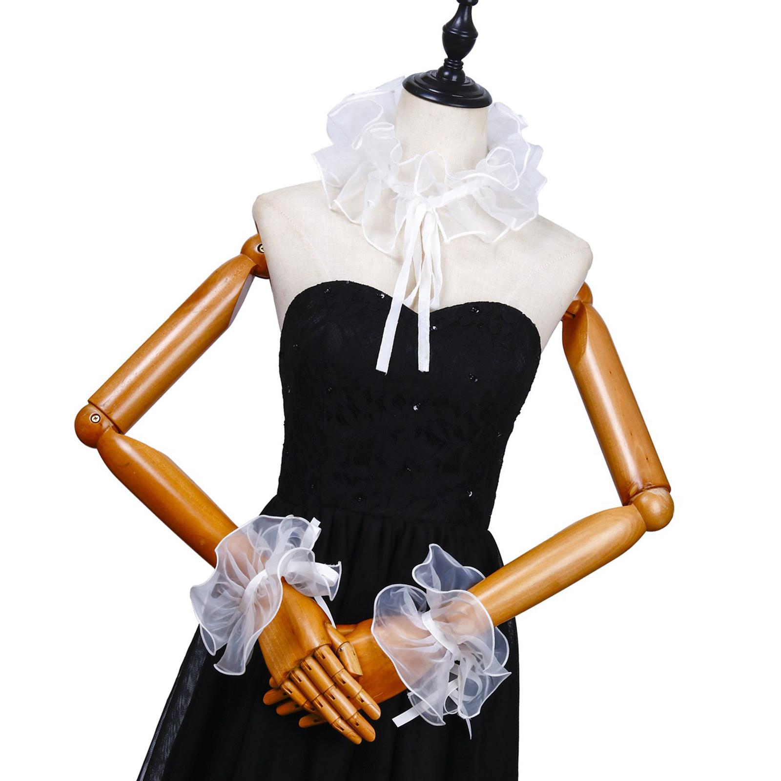 

Елизаветинский гофрированный ложный воротник Викторианский белый органзовый шейный жабо и накладные манжеты для рукавов Аксессуары для костюма на Хэллоуин C