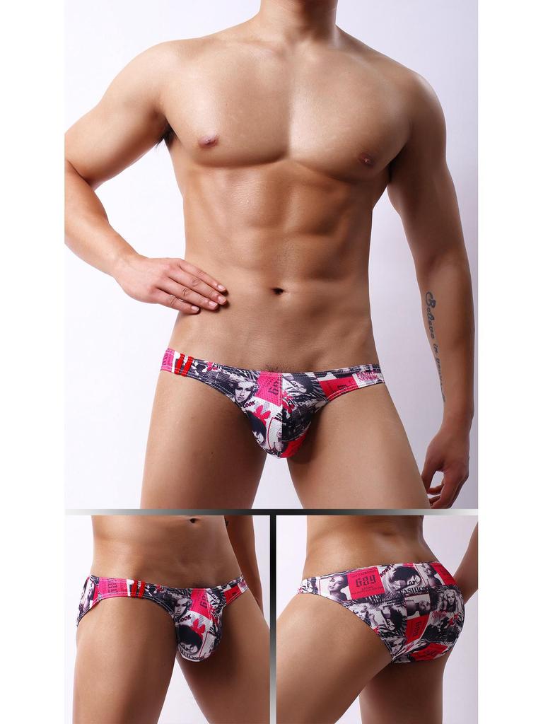 Pánské slipy s nízkým pasem, U konvexním střihem a potiskem v evropském a americkém stylu - Prodyšné, odvádějící vlhkost, trojúhelníkový design (E073)