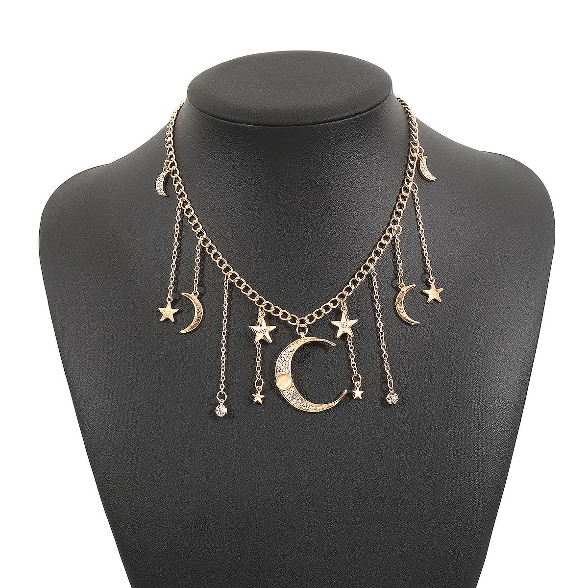 Европейская и американская мода, персонализированное ожерелье с бахромой в виде луны и звезды, ретро-темперамент, дизайн с бриллиантами, цепочка для ключицы золотой