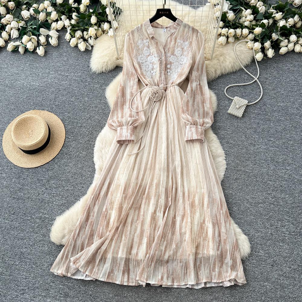 French romantic style lantern sleeve printed dress women's summer waist strap A-shaped long dress high-end temperament