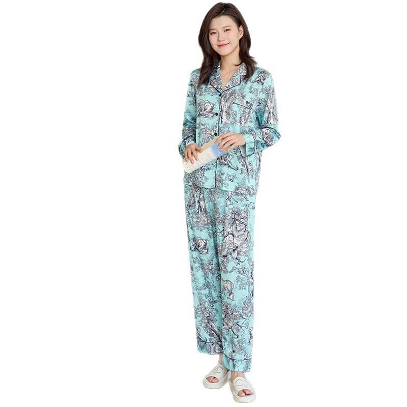 1011 new ice and snow silk pajamas women's long-sleeved trousers national style printing high-end sense can be worn outside loungewear suit