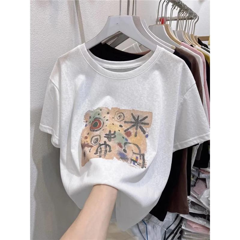 Japanese Retro Graffiti Printed Cotton Men's and Women's Short-sleeved T-shirts for Autumn Loose and Comfortable Round Neck Tops