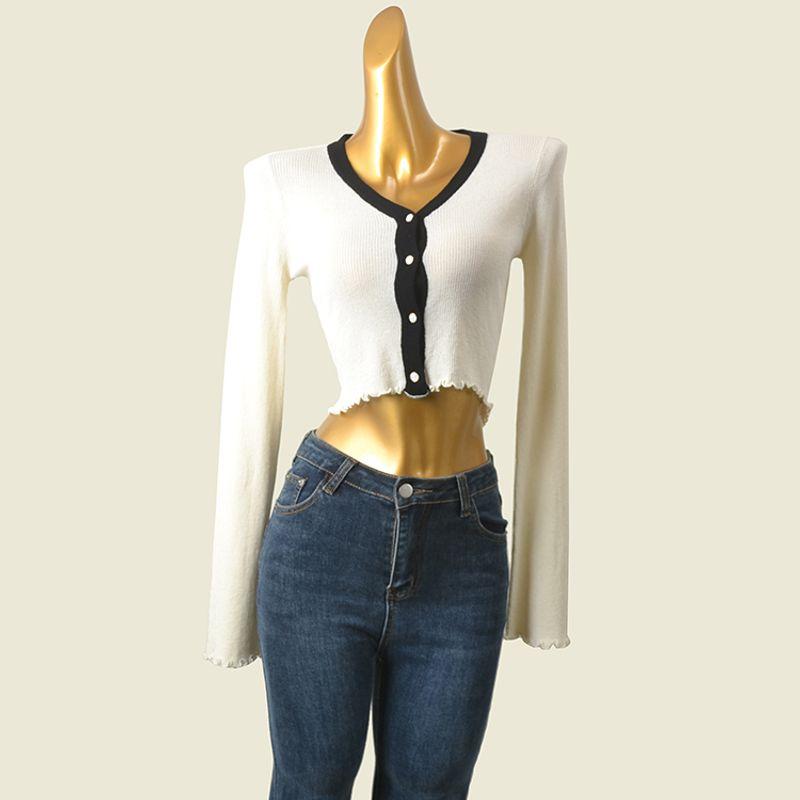 UJIA Wooden Ear Spring Color Matching Long Sleeves Thin Knitwear High Waist Cropped Cardigan