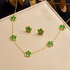 Gold Plated Stainless Steel Green Crystal Clover Jewelry Set (necklace + Earrings) for Women