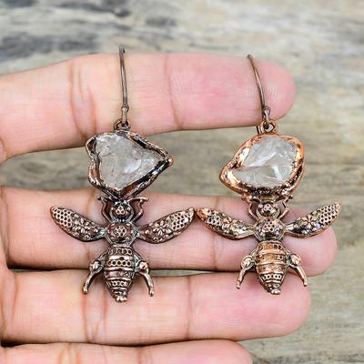 Beyaz topaz ham küpe elektroform bakır küpeler bal arısı küpesi el yapımı değerli taş küpeler hediyelik bakır takılar sallantılı küpe
