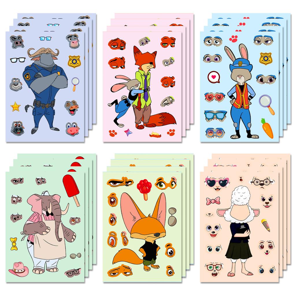 Hot Cartoon Crazy Animal Rabbit Officer Face Swap Stickers 6 Pieces/Package Children'S Anime Surrounding Diy Costume Stickers