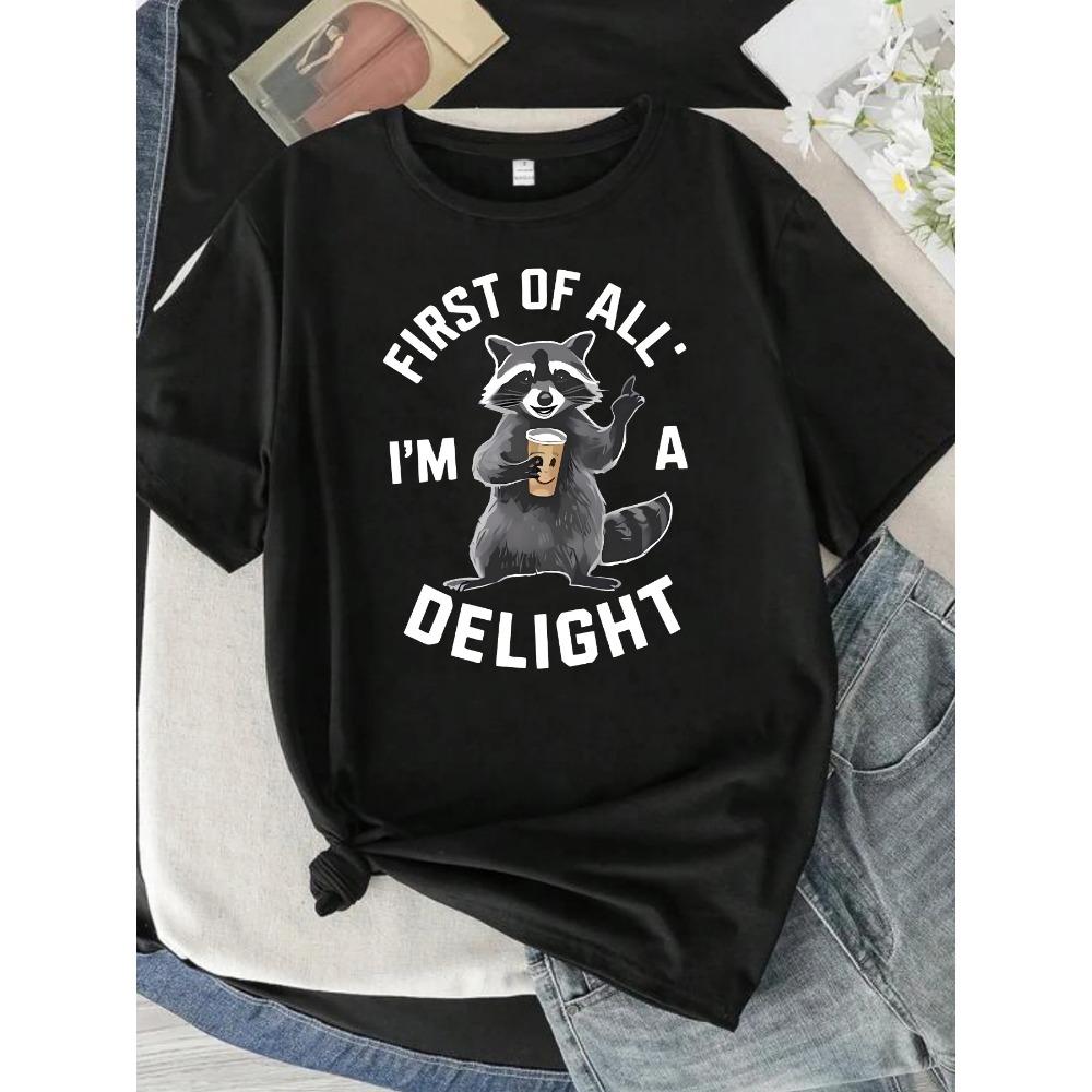 

Little raccoon art pattern round neck plus size women T-shirt short sleeve trend printing elastic half sleeve T-shirt S чёрный